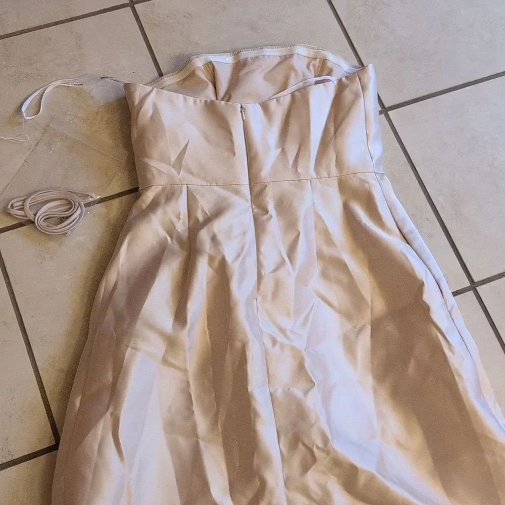Alfred Sung Strapless Satin Gown Draped Front Slit Pockets Champagne 6 - Picture 4 of 14